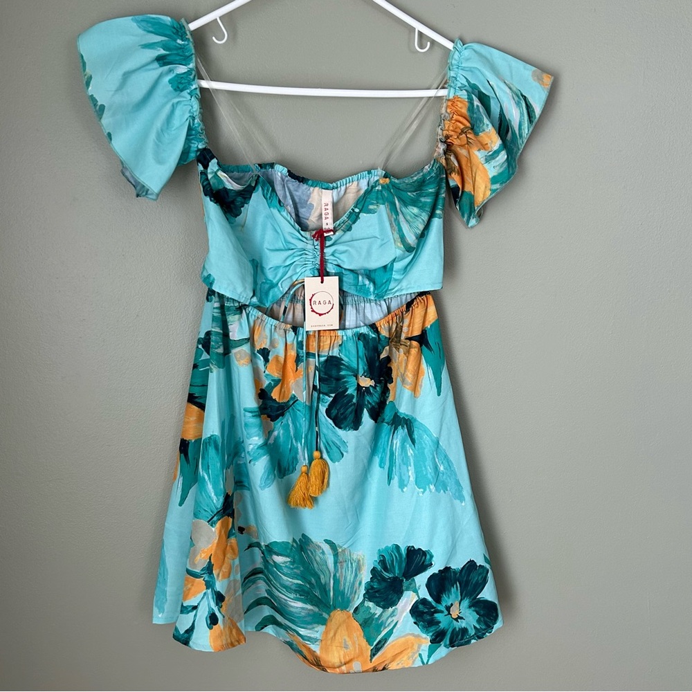 Nwt raga lake mini dress women’s floral off the shoulder blue tassel size small